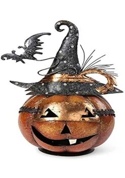 13 Inch Metal Jack O Lantern W/ Witch Hat And Bat
