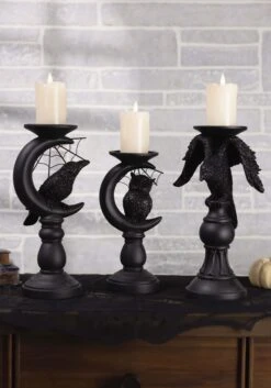 Set Of 3 Halloween Matte Black Candleholders